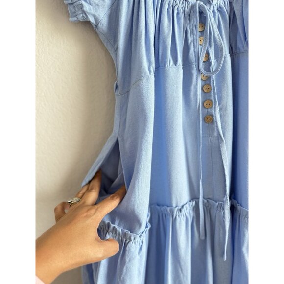 Hunter & Brown Women’s XL Blue Linen Blend Square Neck Tie Front Peasant Dress - Picture 9 of 12